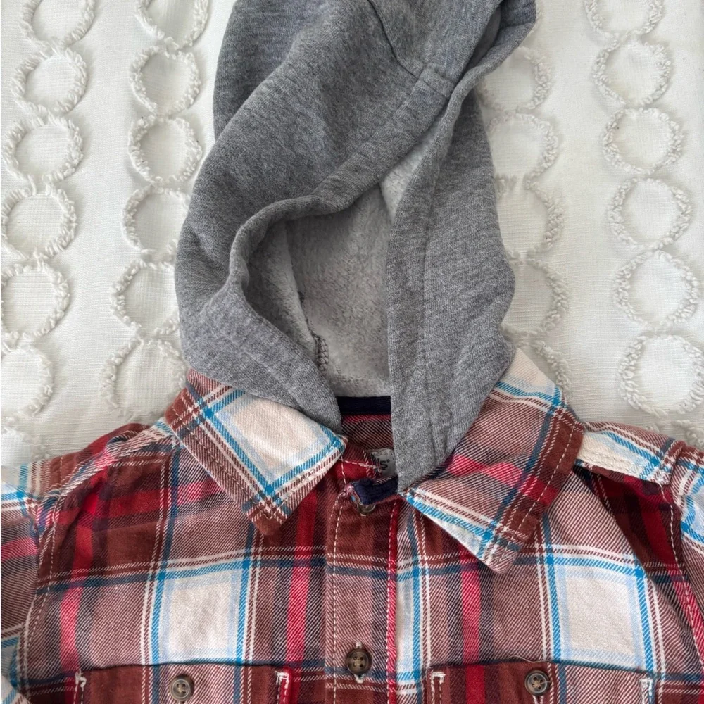Carter's Red Plaid Button Down Shirt with Gray Hood - Picture 5 of 5